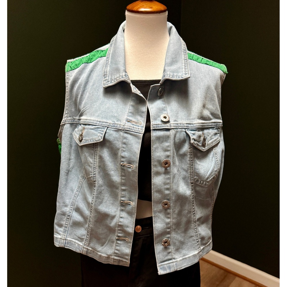 Ashley Stewart Denim Vest Greenβ Trim Pockets Button Front Size 18/20